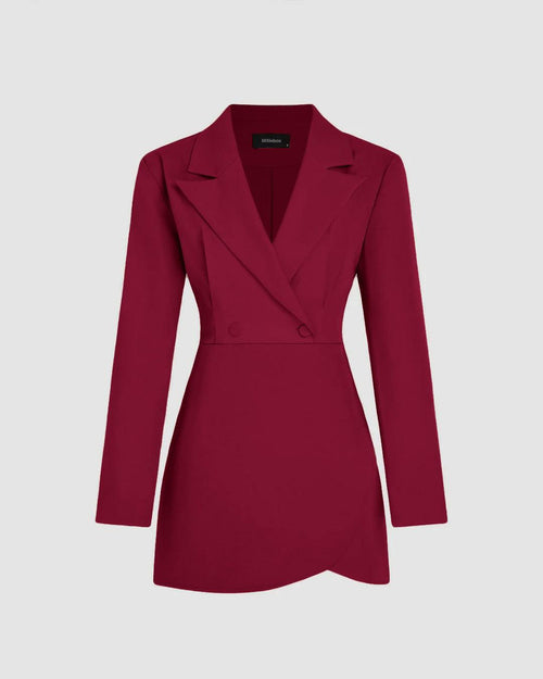 Front view of Red structured blazer mini dress with notched lapel, long sleeves and tailored waist on neutral background.