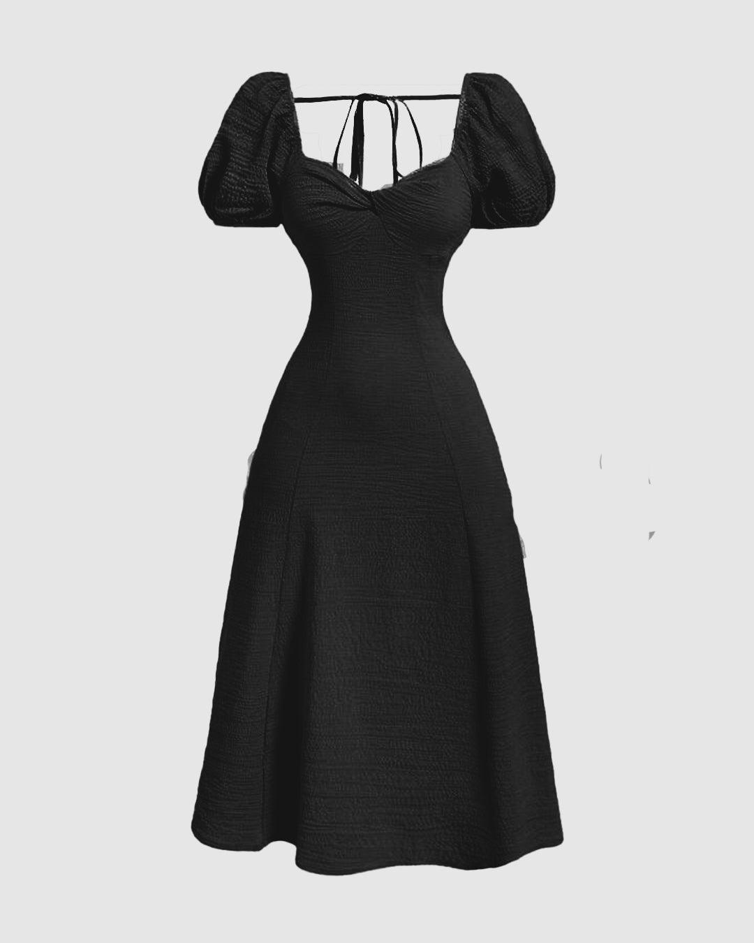 black dress white sleeves Black Puff Sleeve Cinch Waist Dress