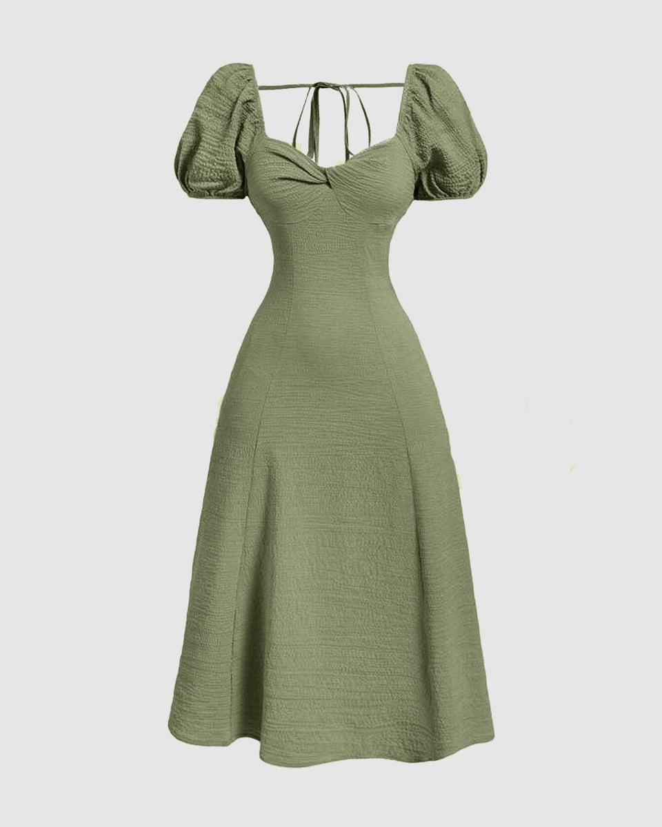 green summer dress with sleeves Puff Sleeve Cinch Waist Summer Dress