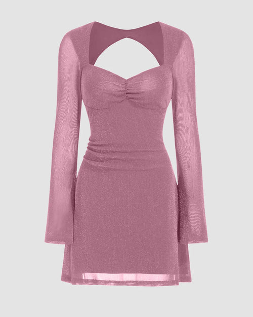 Front view of Pink glitter mini dress with sweetheart neckline, bell sleeves and ruched detail, featuring a slim fitted silhouette