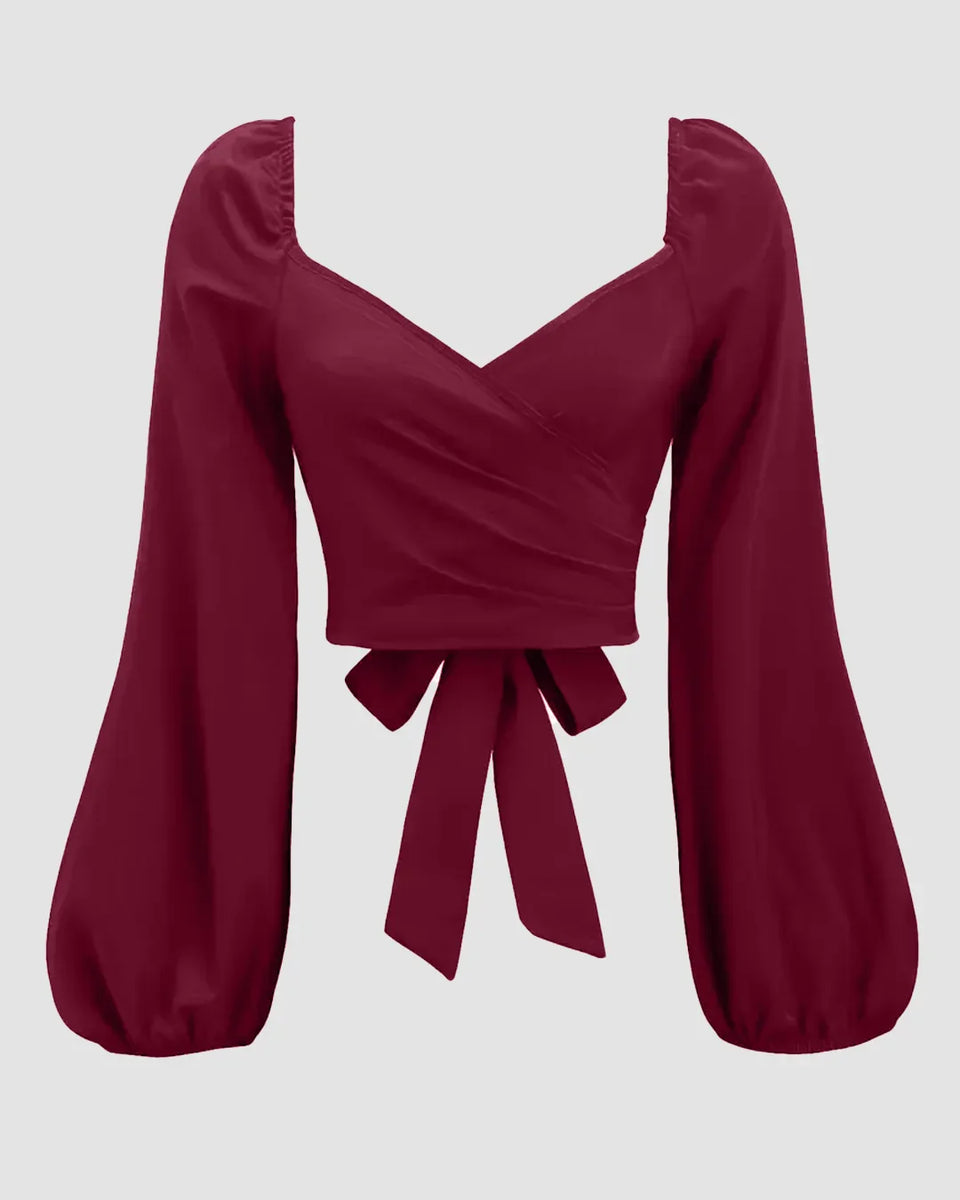 Sweetheart Neck Balloon Sleeve Back Tie Crop Top in Raspberry