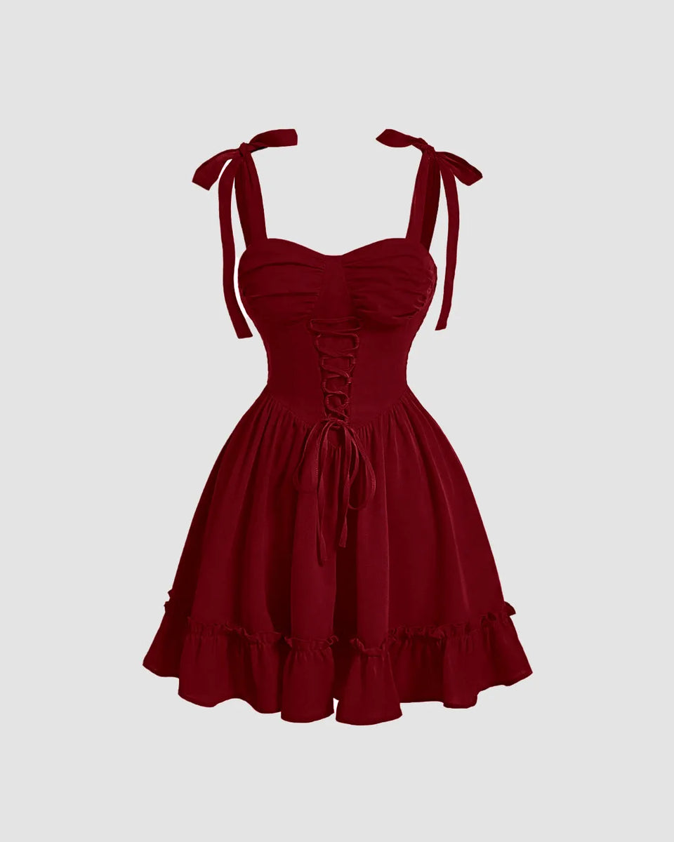 Sweetheart Neck Cherry Dress with Lace-Up Waist - Littlebox India