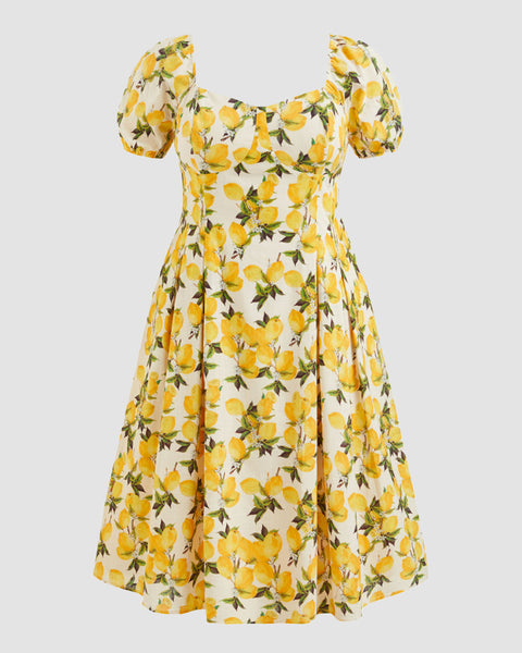 Sweetheart Neck Lemon Shirred Pleated Puff Sleeve Midi Dress Curve & Plus Front View for Women | Littlebox India