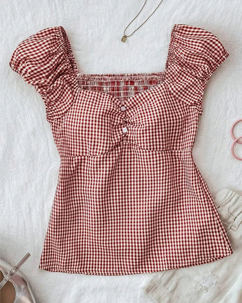 Sweetheart Neck Slim Fit Straight Hem Gingham Top in Red Front View for Women | Littlebox India