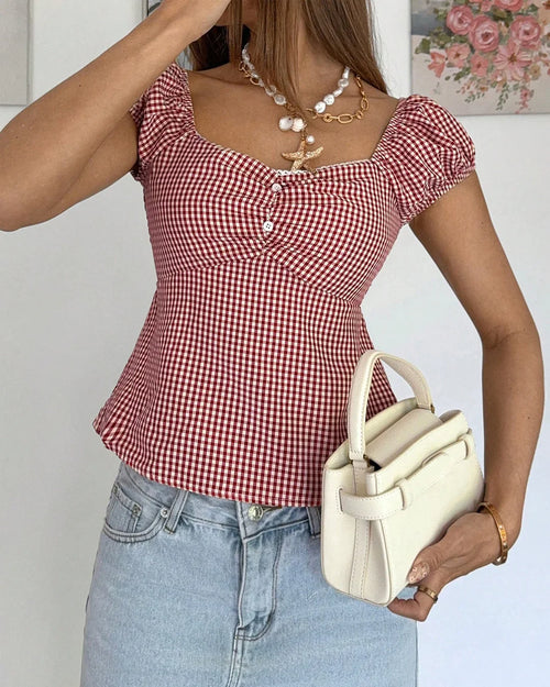 Close view of Sweetheart Neck Slim Fit Straight Hem Gingham Top in Red