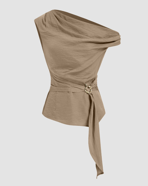 Asymmetrical Neck Top with Metal Detail in Brown