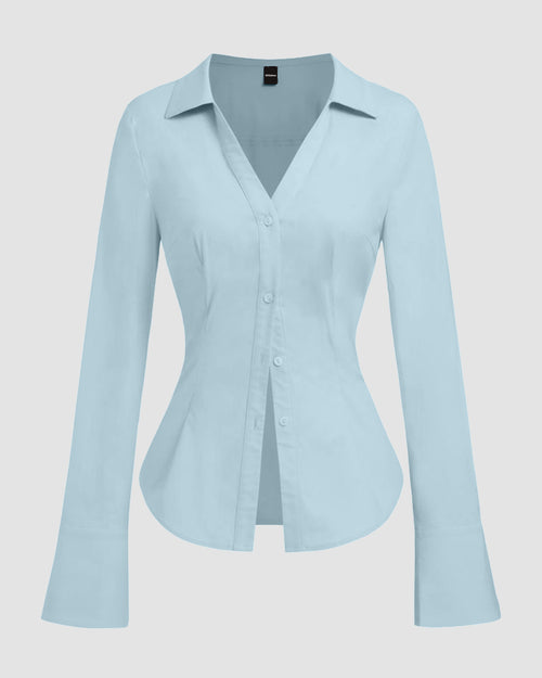 Stretch Long Sleeve Fitted Waist Shirt in Sky Blue