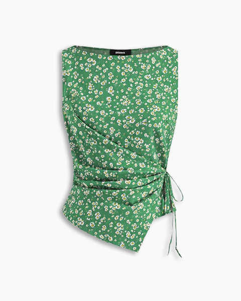 Boat Neck Asymmetrical Hem Floral Sleeveless Top