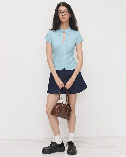 Casual Tie Neck Short Sleeve Fitted Top in Powder Blue