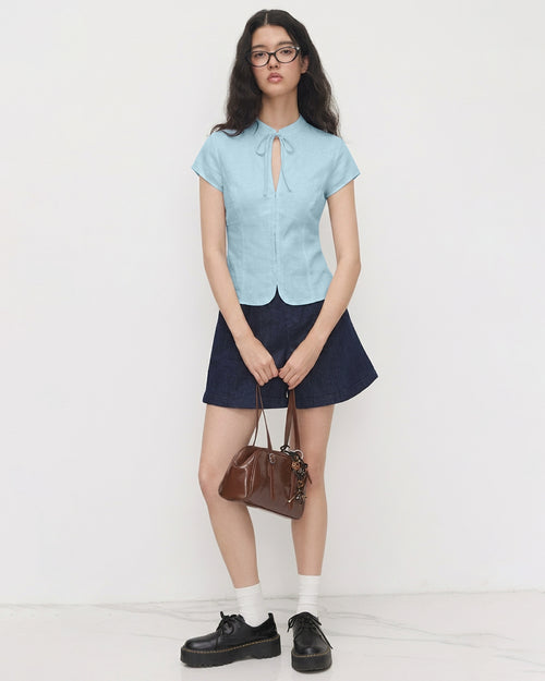 Casual Tie Neck Short Sleeve Fitted Top in Powder Blue