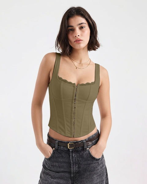 Structured Lace Trim Corset Top In Brown