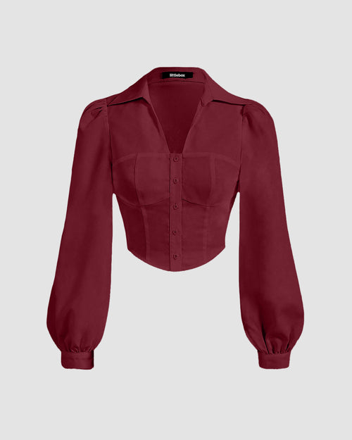 Puff Sleeve Collared Button Down Shirt in Cherry Maroon
