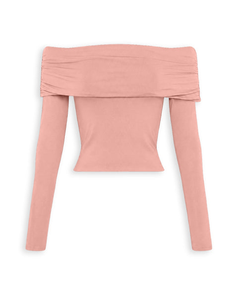 Off Shoulder Ruched Long Sleeve Fitted Top in Dusty Pink