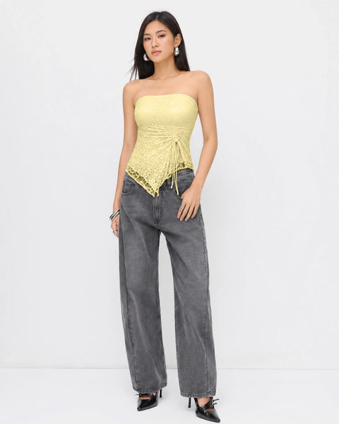Ruched Lace Handkerchief Tube Top in Vanilla