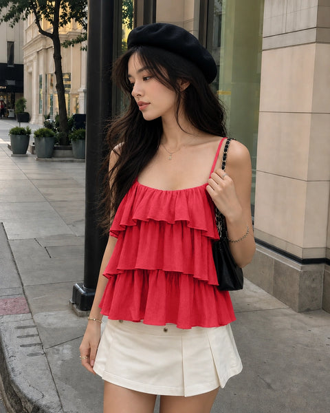 Pleated Layered Ruffle Suspender Top in Bright Red