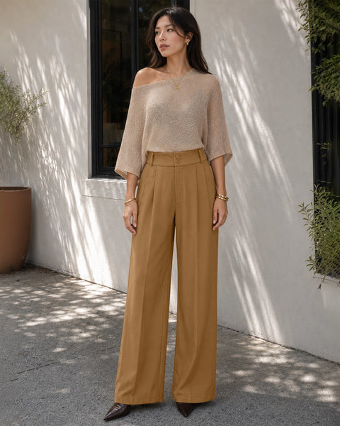 High Rise Front Pleat Wide Leg Trousers in Chocolate Brown