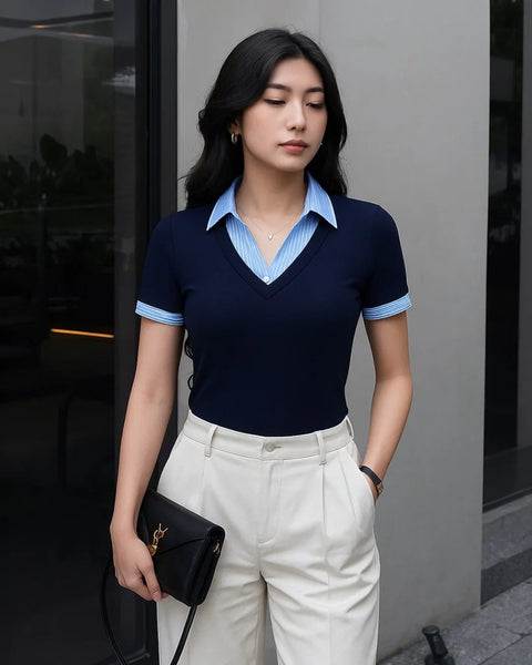 Women wearing navy blue fitted knit top with a V-neck and contrast collar, featuring a polished and smart look.