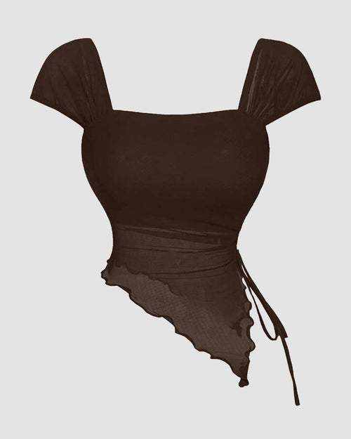 Front view of trendy sleeveless top in brown with square neckline, ruched side tie detail and asymmetric hem design