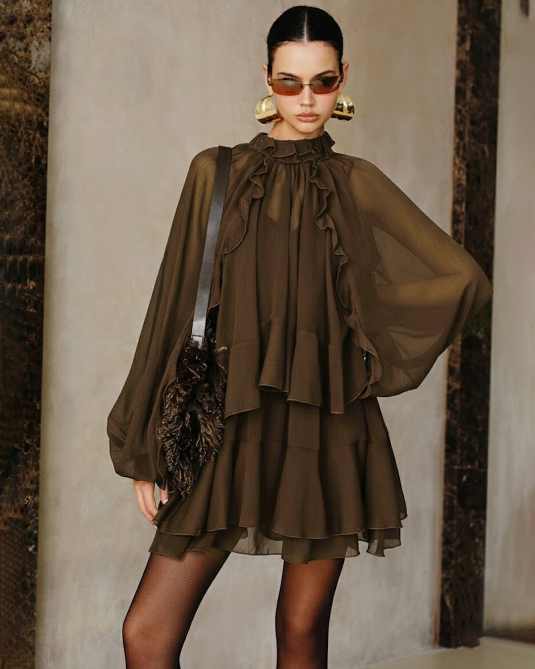 brown chiffon mini dress Chiffon Mini Dress with Bishop Sleeves
