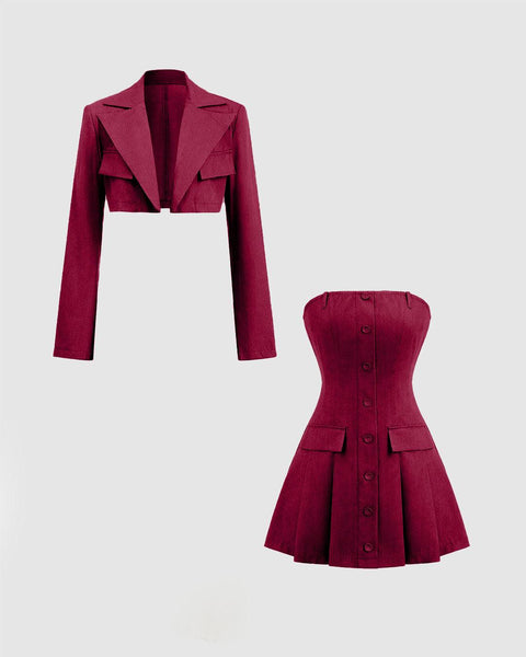 Front view of a burgundy blazer and dress combo with a cropped blazer and strapless button-down mini dress for a sharp, statement look.
