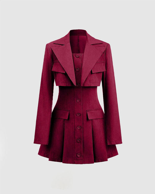 Turndown Collar Blazer & Bustier Two Piece Dress In Burgundy Front View For Women | Littlebox India