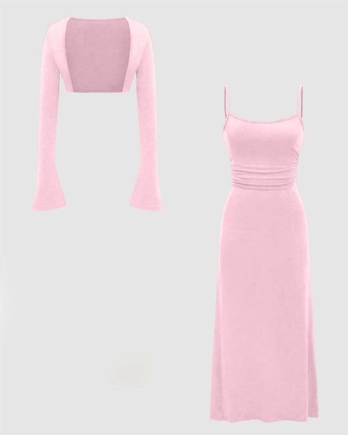Front view of baby pink cami dress paired with flare sleeve shrug top, elegant baby pink colour dress two piece set.