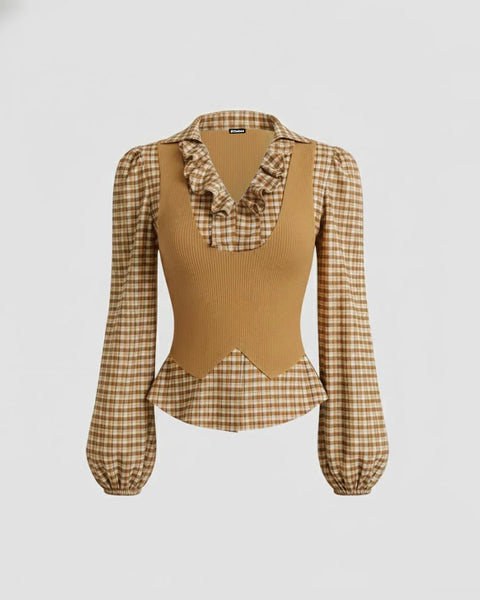 Vintage 2-in-1 Plaid Patchwork Long Sleeve Top