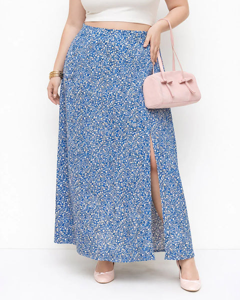 A line Slit Printed Midi Skirt Curve & Plus
