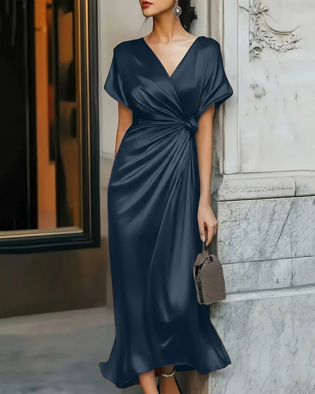 V-Neck Satin Frilled Waist Midi Dress Navy - Littlebox India V-Neck Satin Frilled Waist Midi Dress Navy - Littlebox India