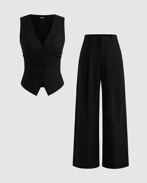 Front view of A black top and trouser set featuring a V-neck button vest and mid-rise wide-leg trousers.