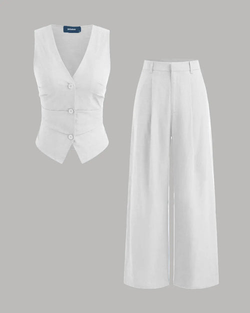 V-neck Solid Button Vest & Mid Rise Pocket Wide Leg Trousers In White Front View For Women | Littlebox India
