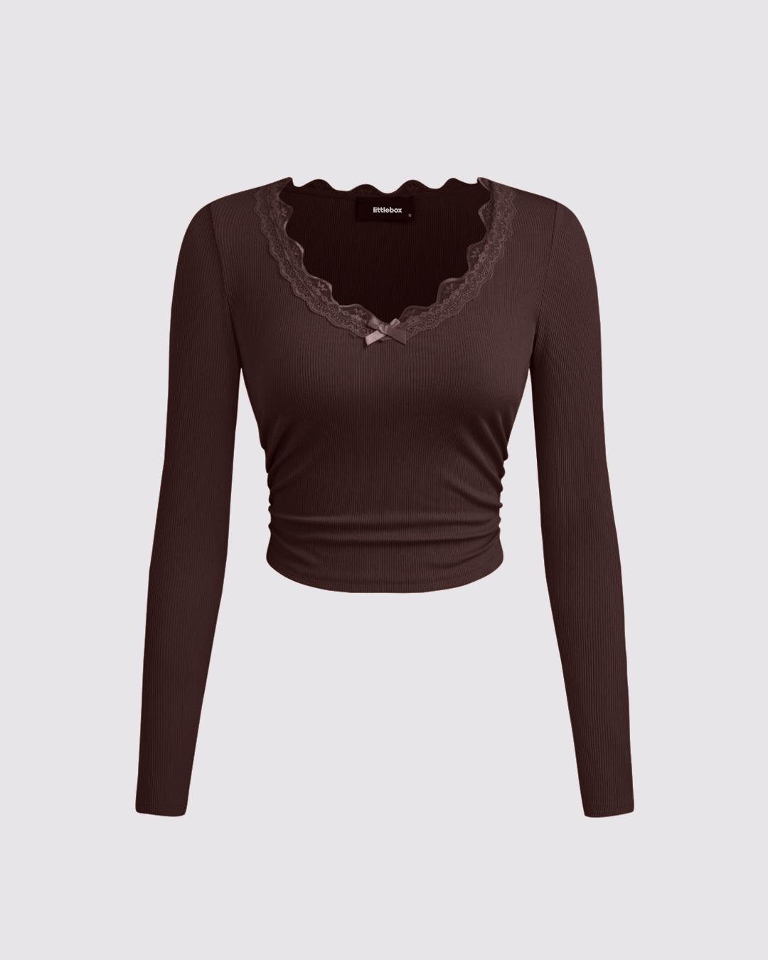 V Neck Lace Trim Full Sleeve Top in Brown - Littlebox India
