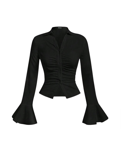 Front view of Black top with bell sleeves featuring a ruched button front and flounce design.
