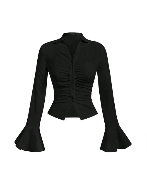 Front view of Black top with bell sleeves featuring a ruched button front and flounce design.