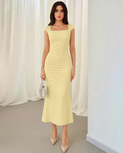 A vanilla-toned bodycon midi dress featuring a square neckline and cap sleeves for a structured yet elegant look.