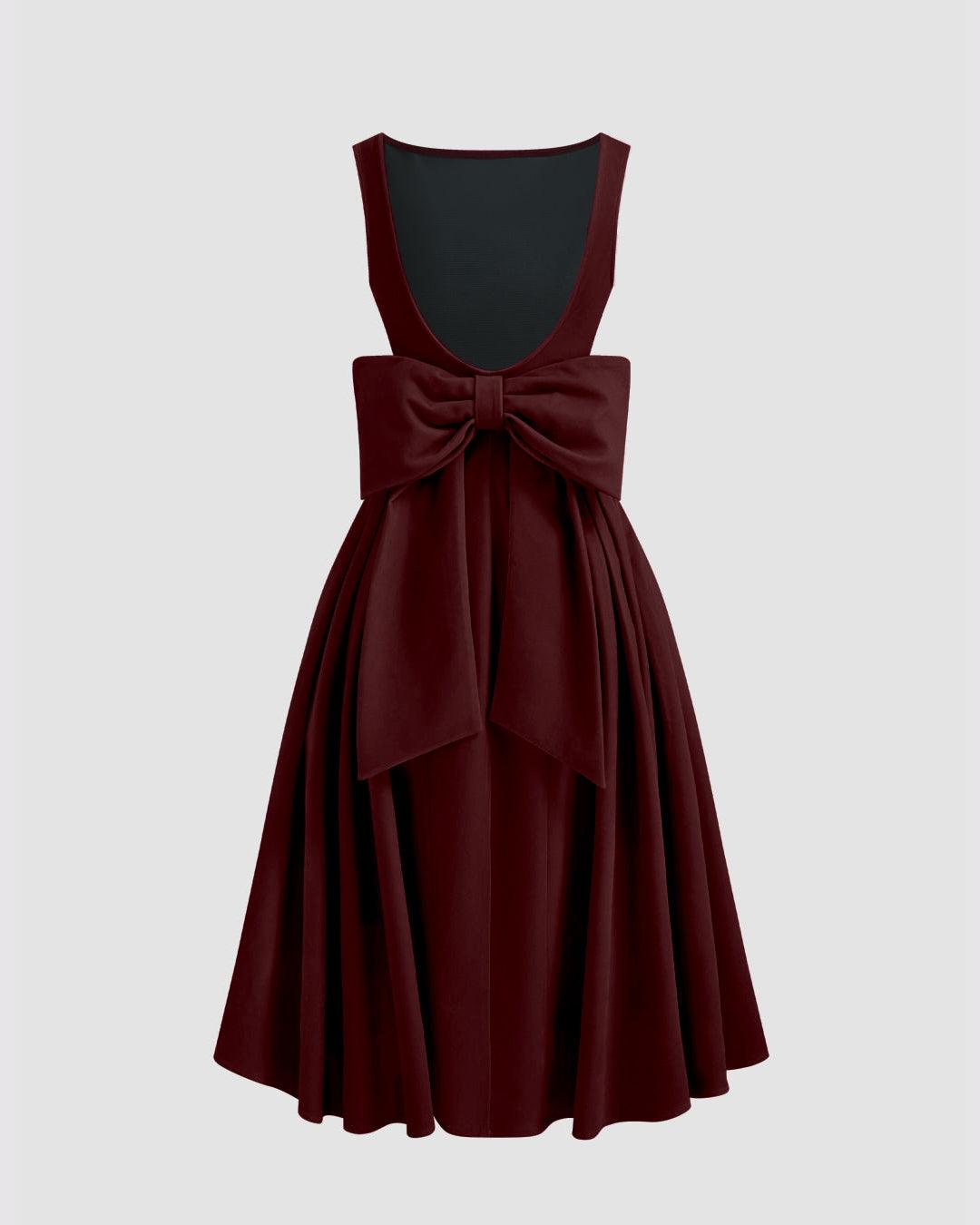 Red Velvet Boat Neck Midi Dress with Backless Bowknot Red Velvet Boat Neck Midi Dress with Backless Bowknot