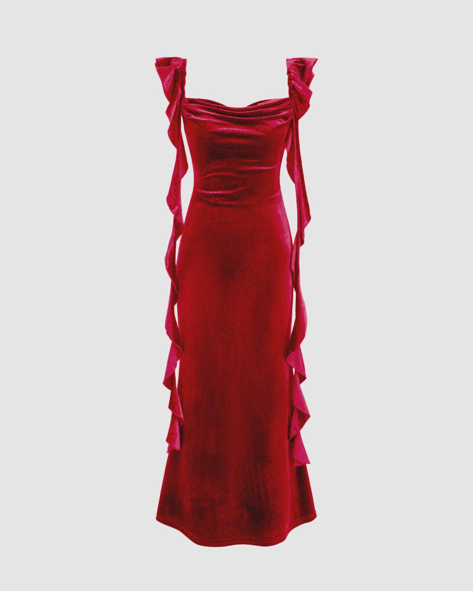 Velvet Cowl Neck Solid Ruffle Maxi Dress In Red