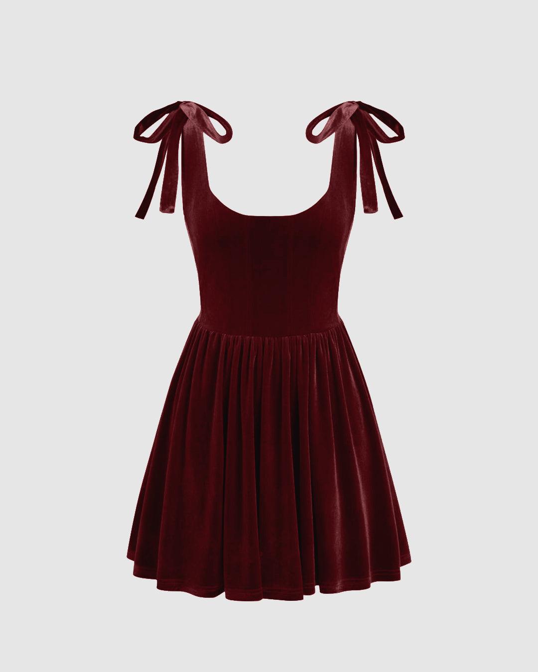 Velvet Square Neck Solid Ruffle Knotted Mini Dress In Cherry Red