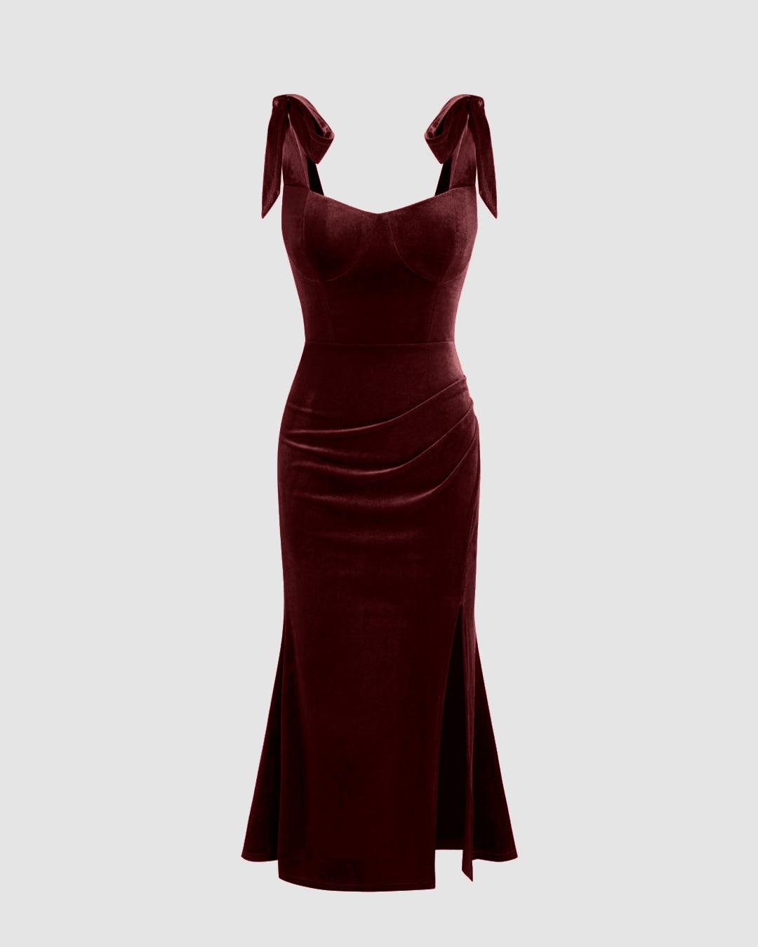 Velvet Sweetheart Neckline Split Ruched Knotted Maxi Dress In Cherry R Velvet Sweetheart Neckline Split Ruched Knotted Maxi Dress In Cherry R