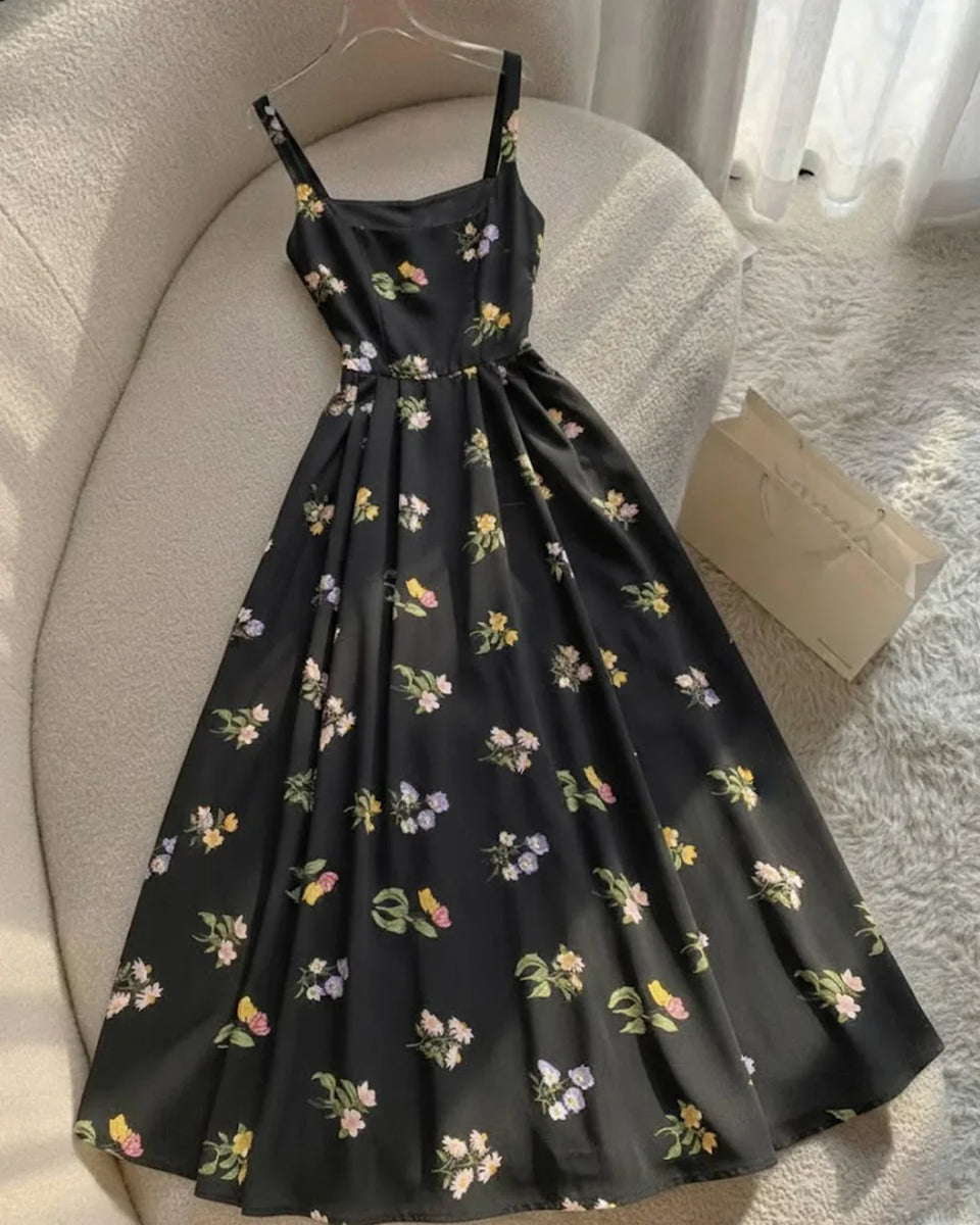 Vintage Floral Fit and Flare Midi Dress in Black - Littlebox