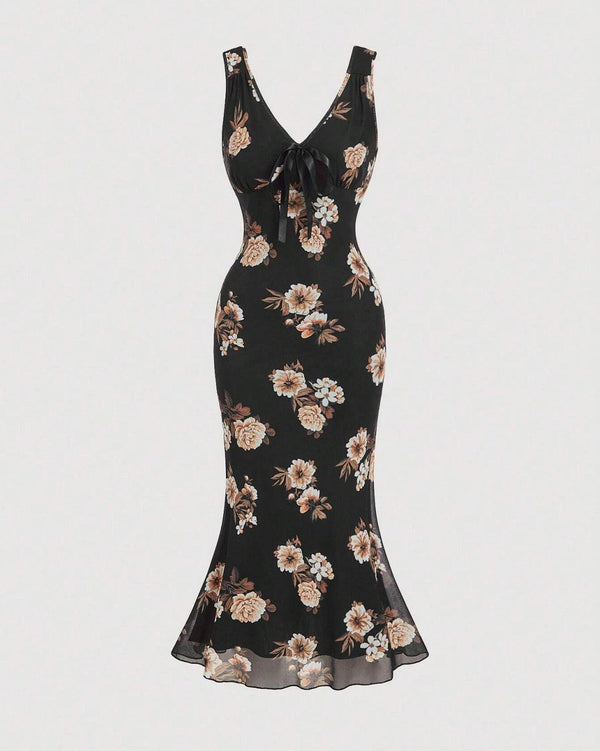 Printed Vest Dress With Front V-Neck Bow