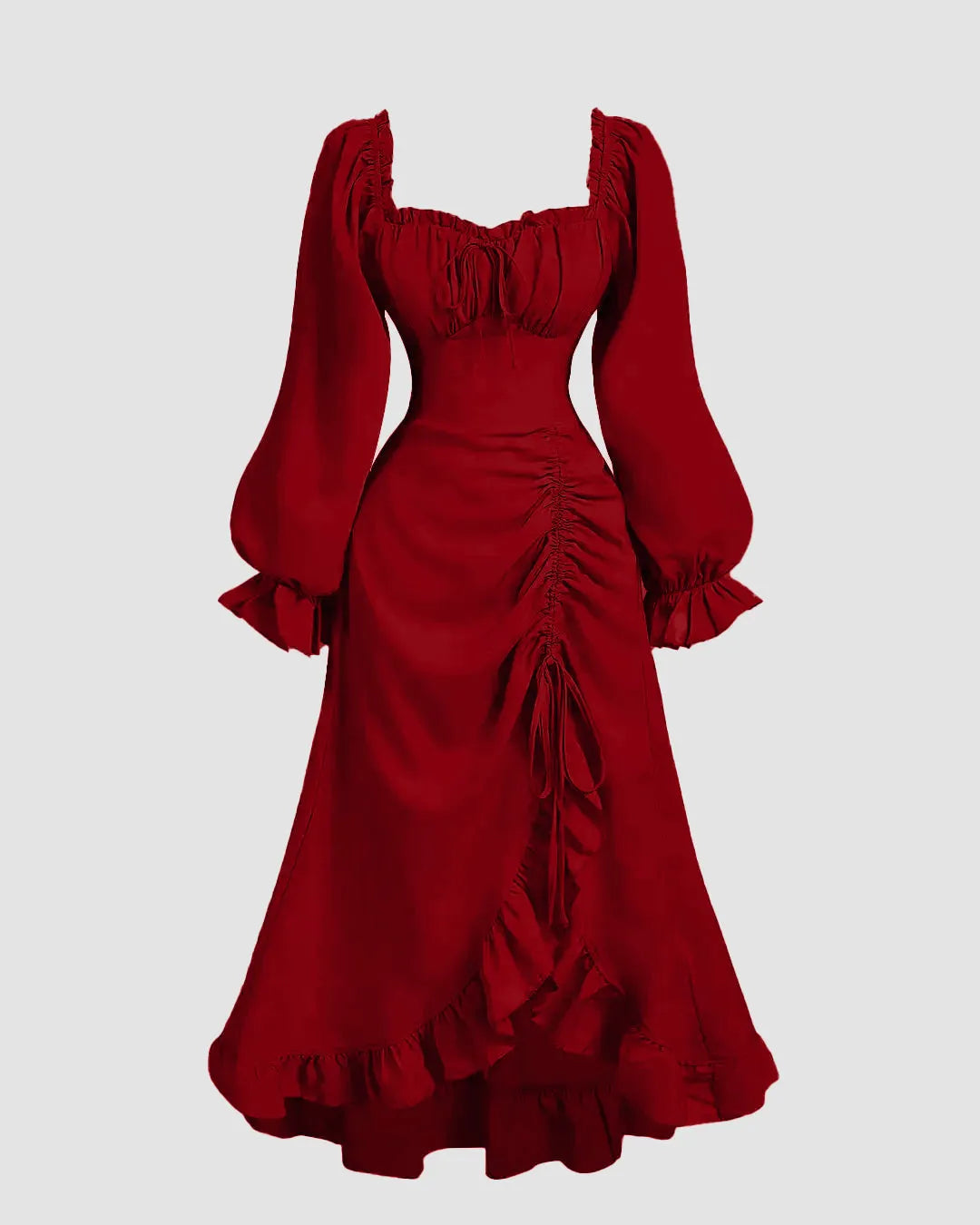 Drawstring Ruffle Long Dress In Cherry Red - Littlebox India Drawstring Ruffle Long Dress In Cherry Red - Littlebox India