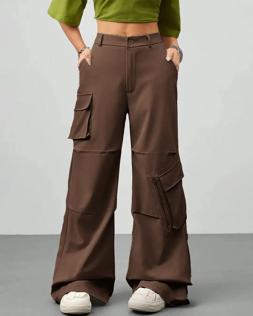 パンツ 90s brown wide cargo pants Vintage Wide Leg Flap Pockets Cargo Pants In Chocolate Brown