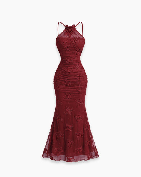 Halter Neck Ruched Mermaid Maxi Dress in Deep Maroon