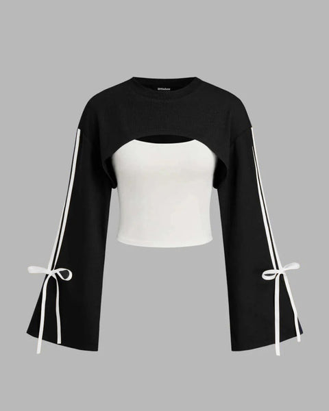 Round Neck Cut-Out Full Sleeve Sweatshirt in Black and White