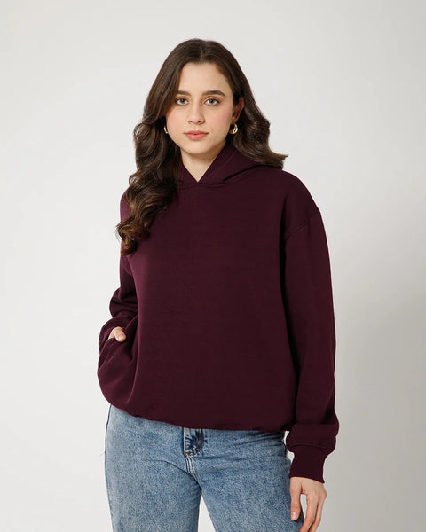 Womens Solid Drawstring Full Sleeve Hoodie in Wine Front View For Women | Littlebox India