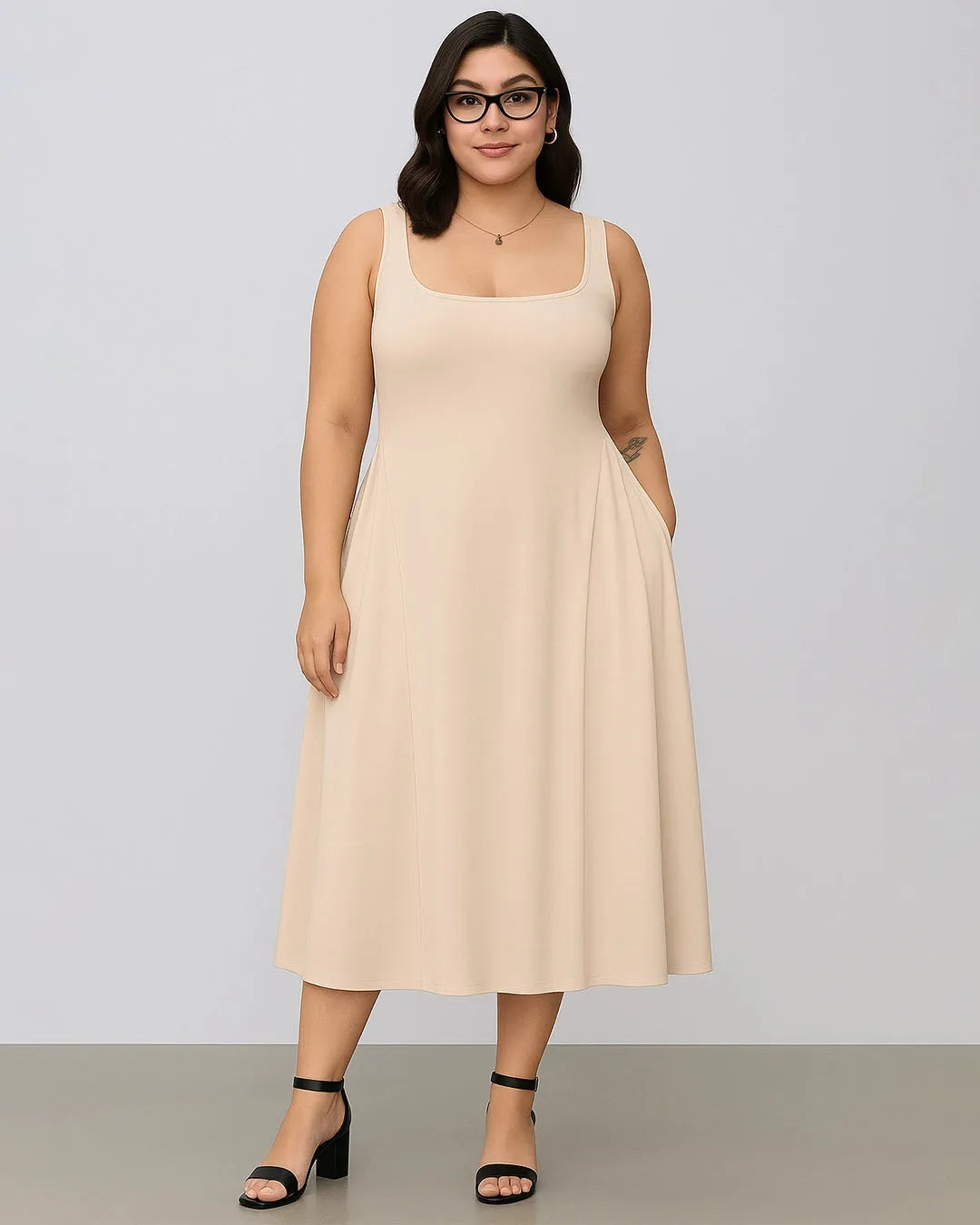 woven square neck solid midi dress Woven Square Neck Solid Ruffle Long Off-White Midi Dress Curve & Plus