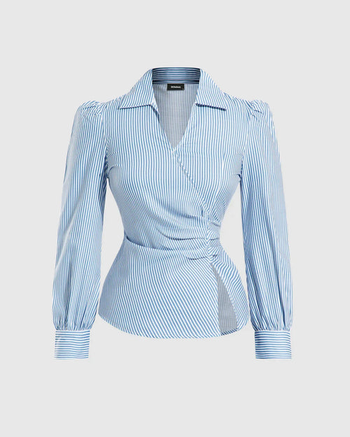 Front view of Blue and white striped wrap-style top with long sleeves, shaped waist and crisp fabric for smart styling.