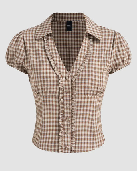Checkered Collared Button Down Fitted Short Sleeve Top