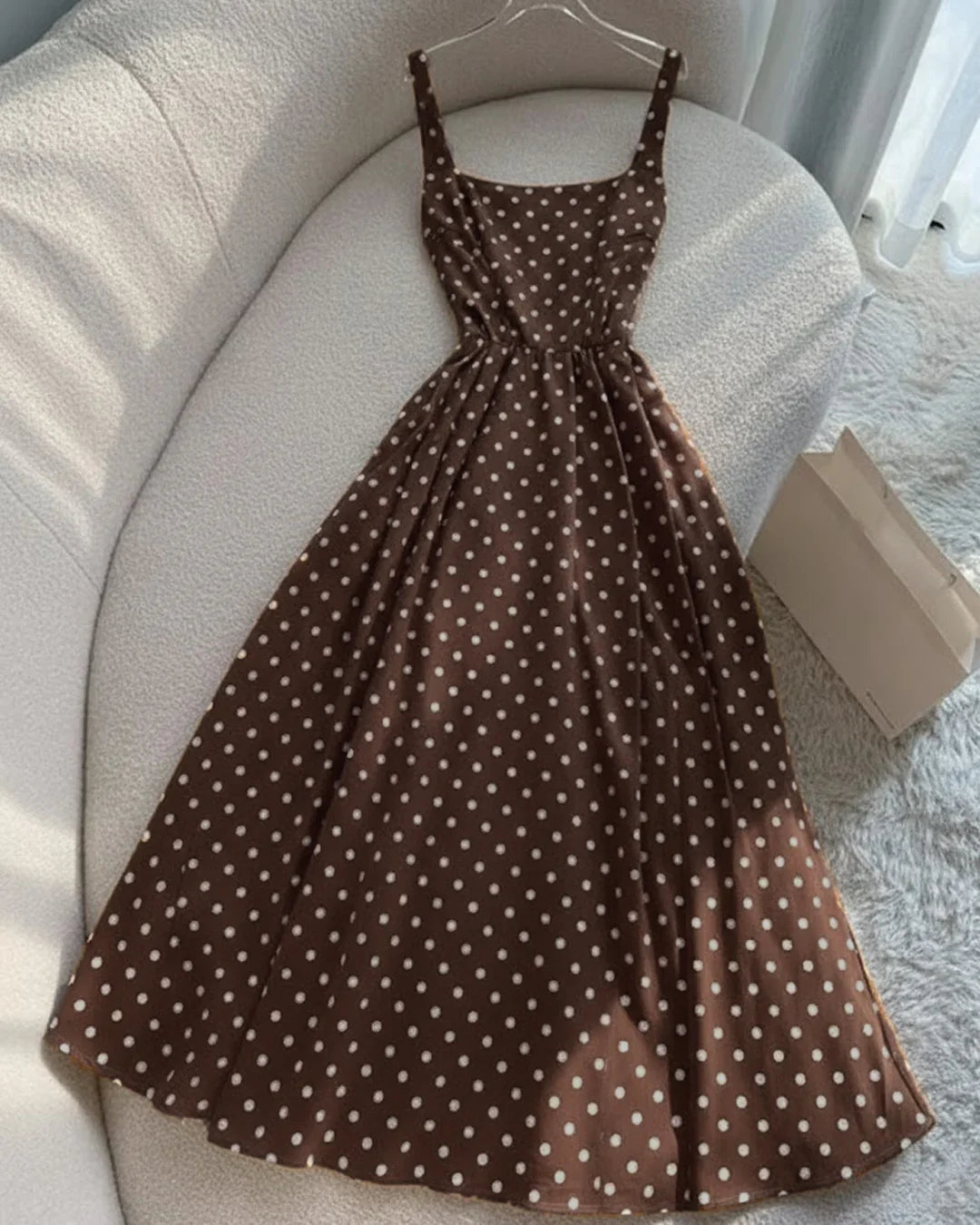 Brown Polka Dot Print Spaghetti Strap Sleeveless A-Line Midi Dress Brown Polka Dot Print Spaghetti Strap Sleeveless A-Line Midi Dress